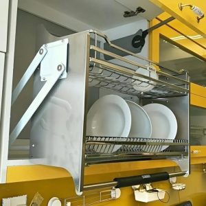 Giá bát đĩa nâng hạ inox 304 nan dẹt khung màu ghi EUI304160