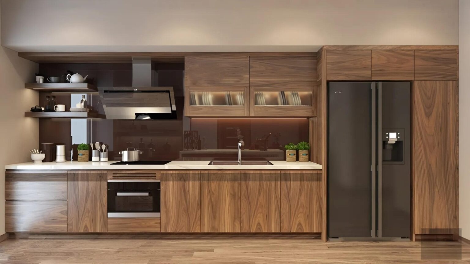 Tủ bếp Plywood veneer gỗ óc chó sơn Inchem CN23