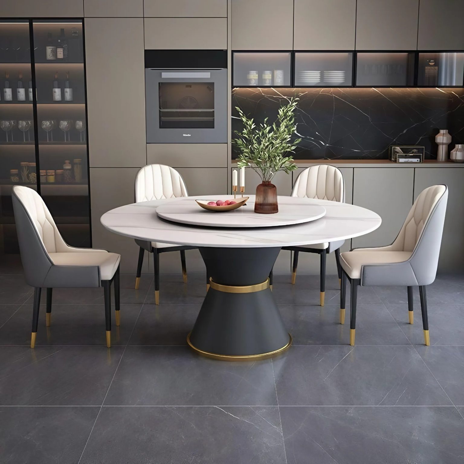Bộ Bàn Ăn Mặt Đá Thiết Kế Xoay Tròn Thông Minh – BA06