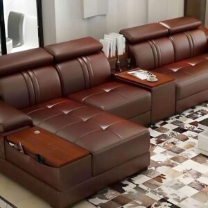 Bộ Sofa da chống bút bi, chống xước chữ L cỡ lớn tì tay gỗ SF04