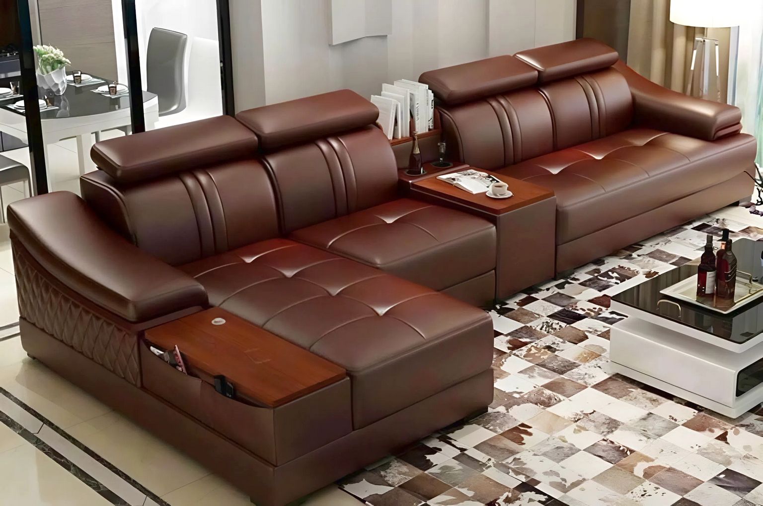 Bộ Sofa da chống bút bi, chống xước chữ L cỡ lớn tì tay gỗ SF04